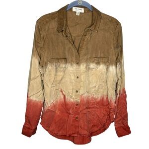 Cloth & Stone Anthropologie Ombre dip dye Button Down long sleeve Shirt brown